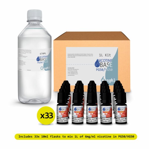 Nicotine Base Budget kit for 1L of 6mg/ml in PG50/VG50 - Denmark