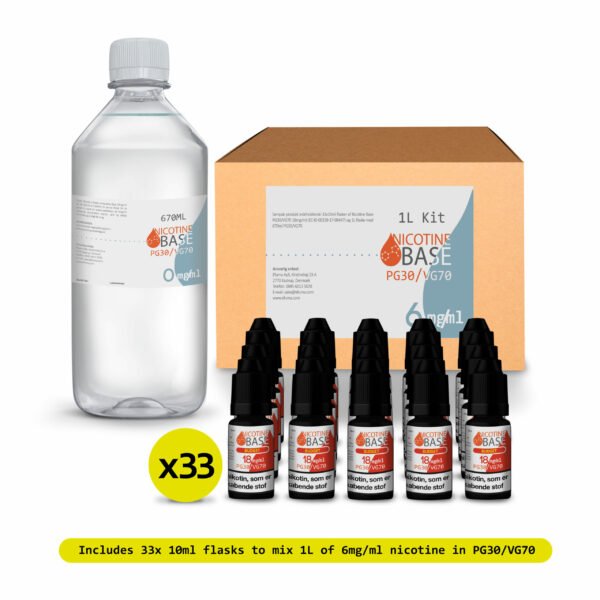 Nicotine Base Budget kit for 1L of 6mg/ml in PG30/VG70 - Denmark